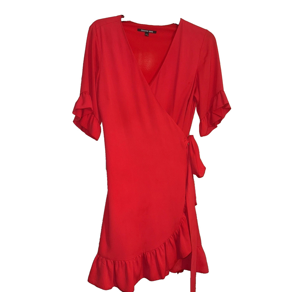 Gianni Bini Red Wrap Dress Size S Ruffle Hem Tie Waist Short Sleeve